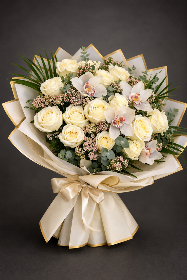 Beyaz Gül ve Cymbidium Orkide Krem Ambalajlı Buket Tasarımı