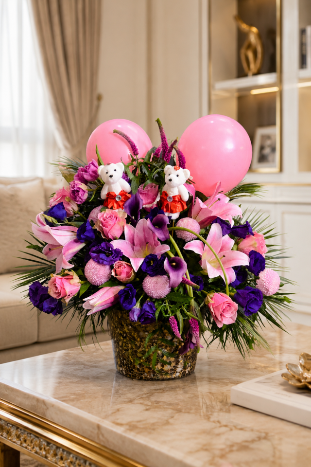 Pembe Lilium Pembe Gül ve Mor lisyantus  Aranjmanı