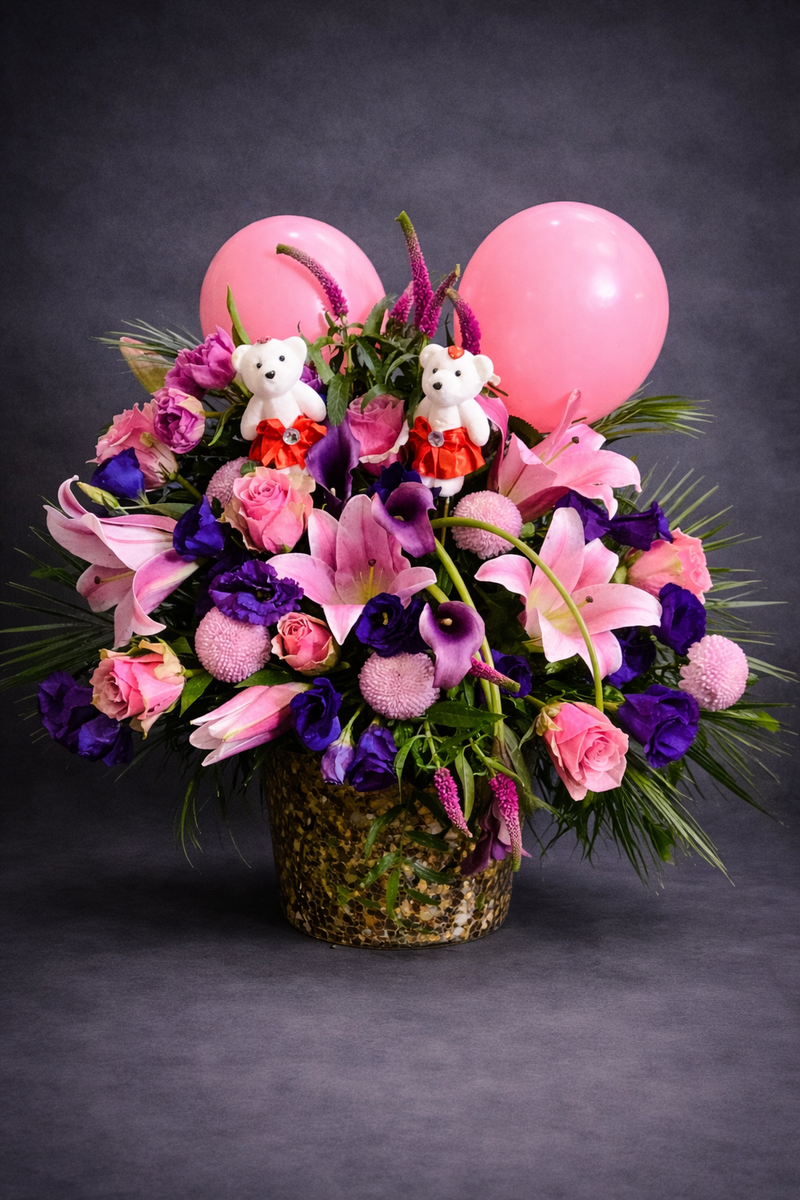 Pembe Lilium Pembe Gül ve Mor lisyantus  Aranjmanı