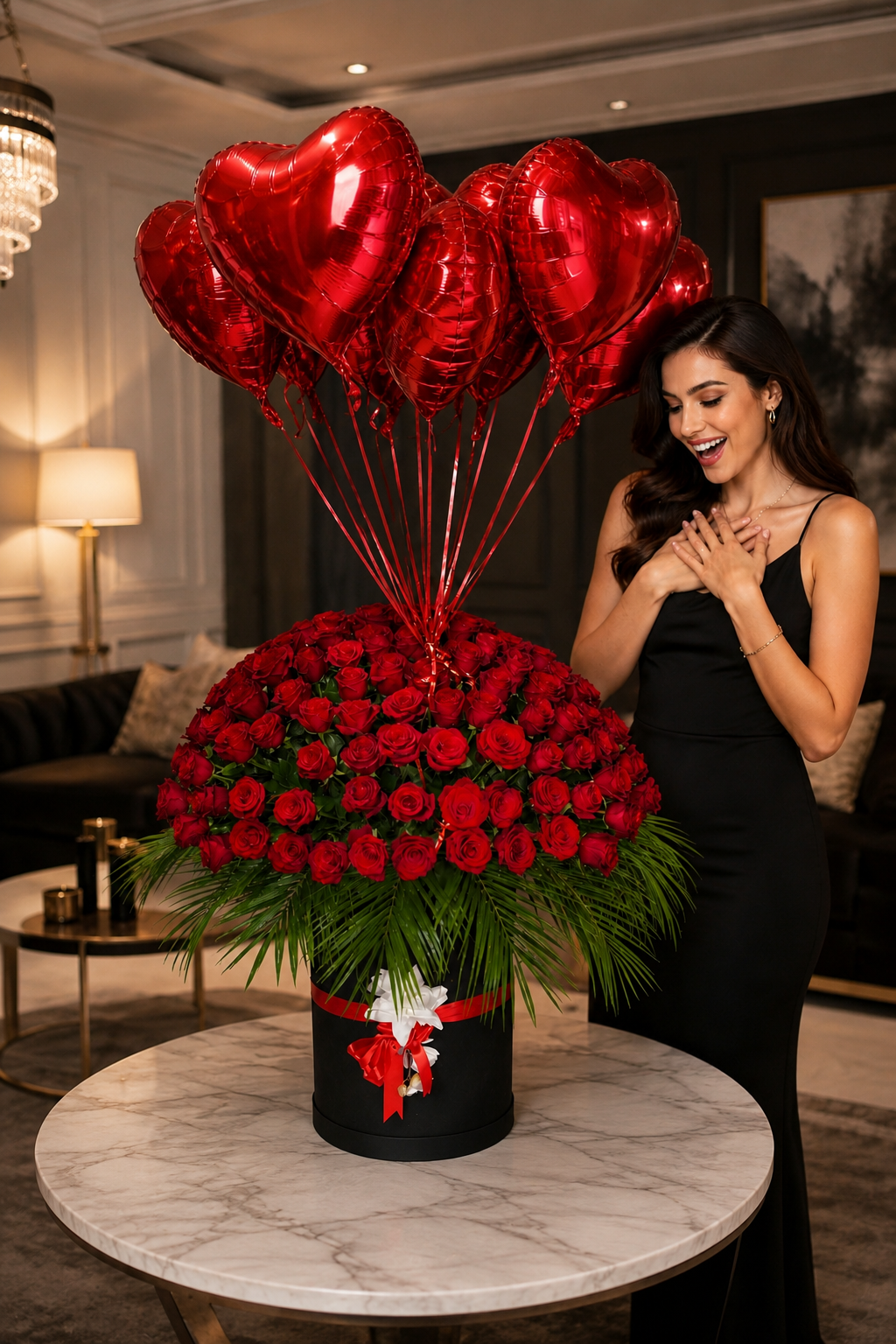Siyah Kutuda Dev 101 Kırmızı Gül Ve 10 adet Kalp Uçan balon