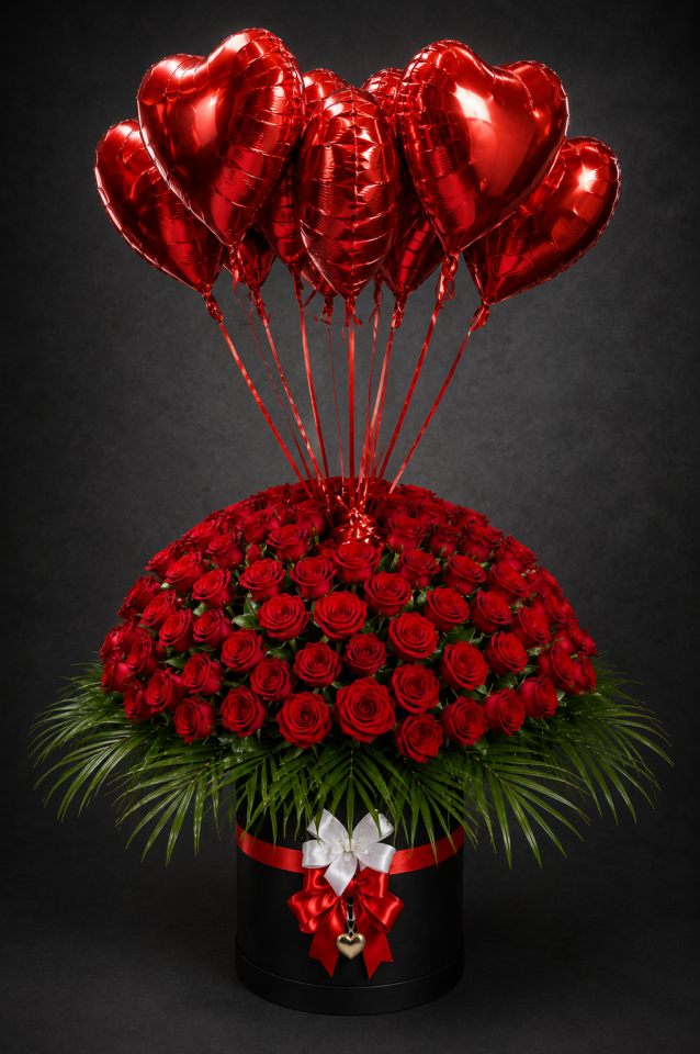 Siyah Kutuda Dev 101 Kırmızı Gül Ve 10 adet Kalp Uçan balon
